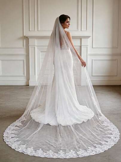 1件3米长蕾丝新娘头纱，带梳子，适合教堂婚礼、婚纱摄影配饰