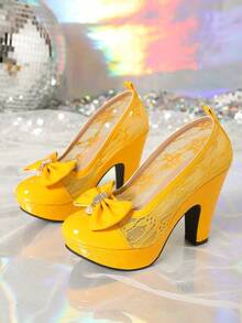 2024 Autumn New Lace Rhinestone Bow High Heel Shoes For Women, White Elegant Platform Thick Heel Round Toe Pumps - Yellow - View 5