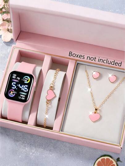 Bộ 5 món gồm đồng hồ điện tử LED kỹ thuật số thời trang thanh lịch dành cho bé gái, thích hợp để đeo cùng dây chuyền mặt dây chuyền hình trái tim, vòng tay và bông tai. Đây là món quà lý tưởng cho sinh nhật/lễ hội của bé gái, hoàn hảo cho mùa tựu trường, tiệc tùng và cuộc sống hàng ngày khi đi du lịch. Thích hợp làm quà tặng mùa tốt nghiệp, ngày Valentine, ngày của Mẹ. Món quà hoàn hảo dành cho các bé gái.