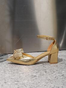 Mẫu giày cao gót mũi nhọn thời trang xuân/hè mới về dành cho nữ, kiểu dáng khoét rỗng, gót dày, đính đá vàng và nơ, sandal thoải mái. - Vàng - Xem 2