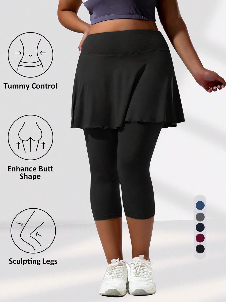 Plus-Size Women's High-Waisted Leggings, 2-In-1 Skirt-Pants, With Inner Pockets, Capri Yoga Pants, Suitable For Sports Such As Tennis And Golf. - màu đen - Xem 1