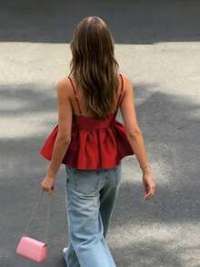 2026春夏可爱休闲优雅荷叶边露背红色吊带背心，女士假日穿搭，街头风，生日派对，生日聚会，度假，商务休闲，春季，Y2K风格，女士假日服饰 - 深紅色 - 查看 7