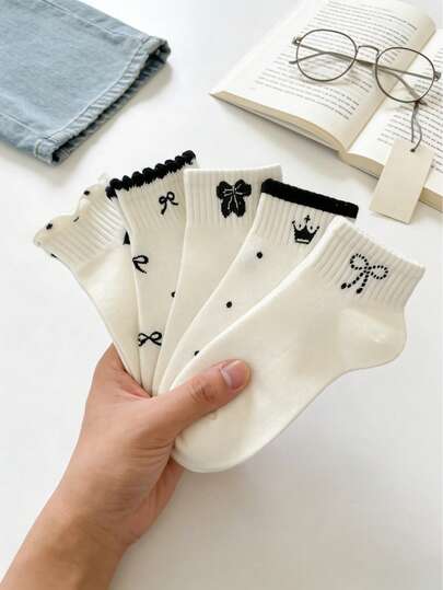 5 Çift Nefes Alabilen Sevimli Yazlık Kadın İnce Beyaz File Bilek Çorabı, Çok Yönlü, Rastgele Gönderim