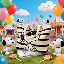 SNOOPY 1个条纹帆布包，大容量单肩包，适合通勤、休闲和旅行，可爱百搭，是返校、生日、情人节和母亲节的理想礼物。 - 彩色 - 查看 3