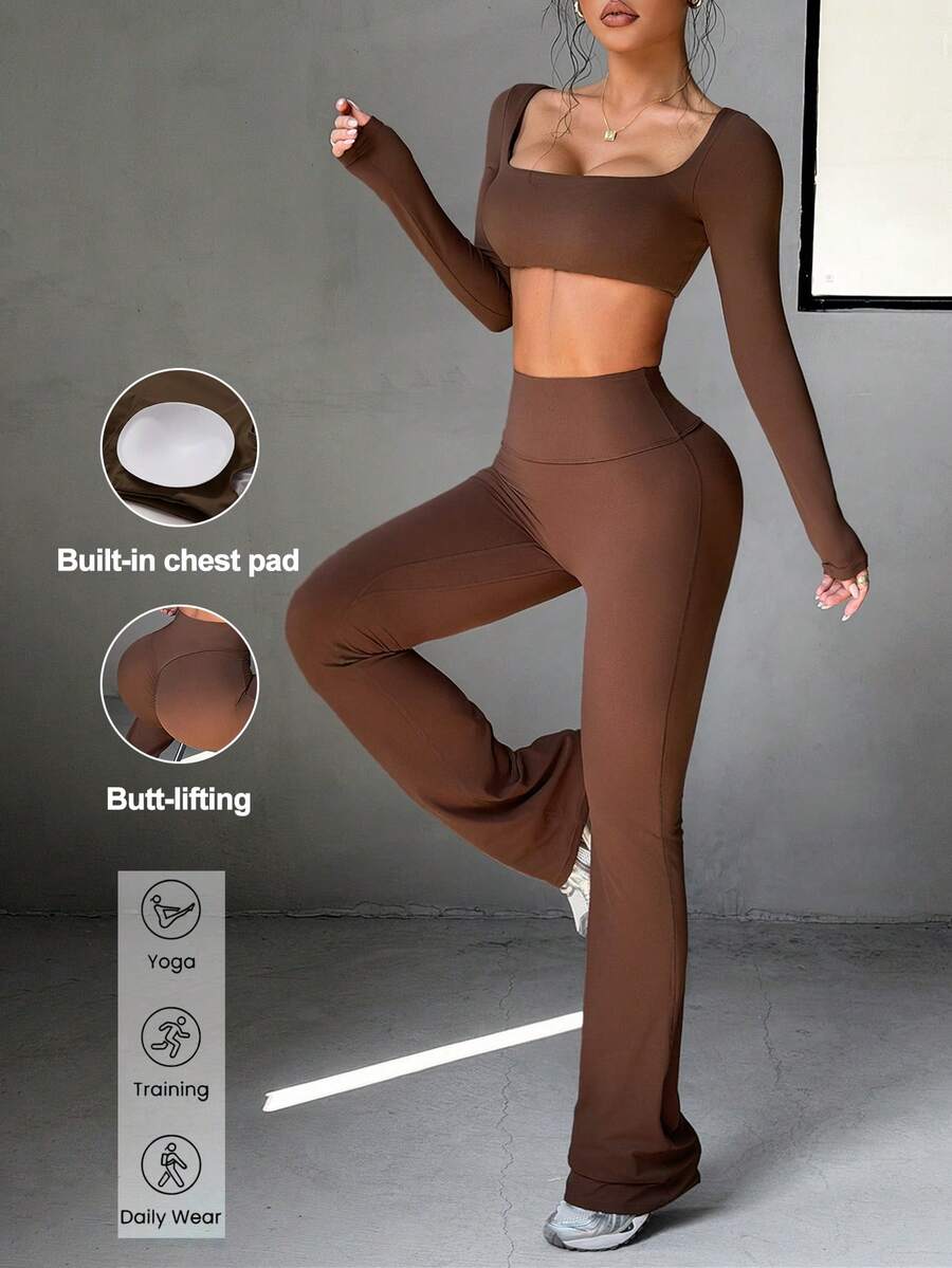 Aoqta Sports Women's Summer Casual Solid Color 2-Piece Set, Fitted Long Sleeve Crop Top With Chest Pads And Scoop Neck, High Waist Slimming Yoga Pants, Suitable For Yoga, Running, Workout, And Everyday Wear - Brown - View 1