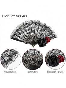 Quạt xếp kiểu Tây Ban Nha cổ điển thanh lịch, thiết kế họa tiết ren hoa hồng, thích hợp cho các bữa tiệc và làm quà tặng, vật dụng thiết yếu hàng ngày, món quà lý tưởng. - Quạt ren - Xem 10