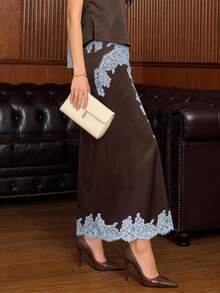 Luxurious Women's Midi Skirt Elegant Brown Polyester Non-Sheer With Intricate Lace Accents - Coffee Brown - View 3