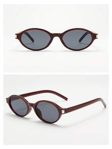 1pc Oval Small Frame High-Quality Minimalist Fashion Glasses For Women, Suitable For Travel, Leisure, Party, Beach, And Daily Wear - Wine Red Frame Gray Tablet - View 4
