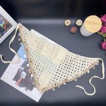 1pc Bohemian Style Korean Hollow Woven Shell Tassel Scarf, Women Summer Decorative Shawl Versatile Wrap, Ladies Beige Ocean Shell Tassel Knitted Hollow Lace Triangular Headband, Suitable For Daily Wear, Sports, Beach, Vacation - Starfish Sequins - View 12