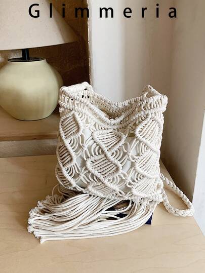 Vintage Bohemian Style Hollow Out Tassel Crossbody Bag, New Summer Beach Vacation Woven Shoulder Bag