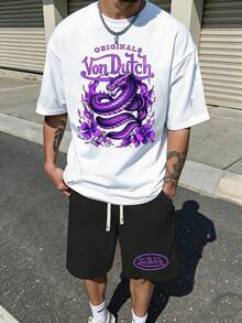 2pcs Men Creative Short Sleeve Print T-Shirt & Shorts Set Purple Dragon And Floral Design With Vons Dutch Text Casual Wear Soft Fabric Breathable Print T-Shirt & Shorts Set - Trắng và đen - Xem 1