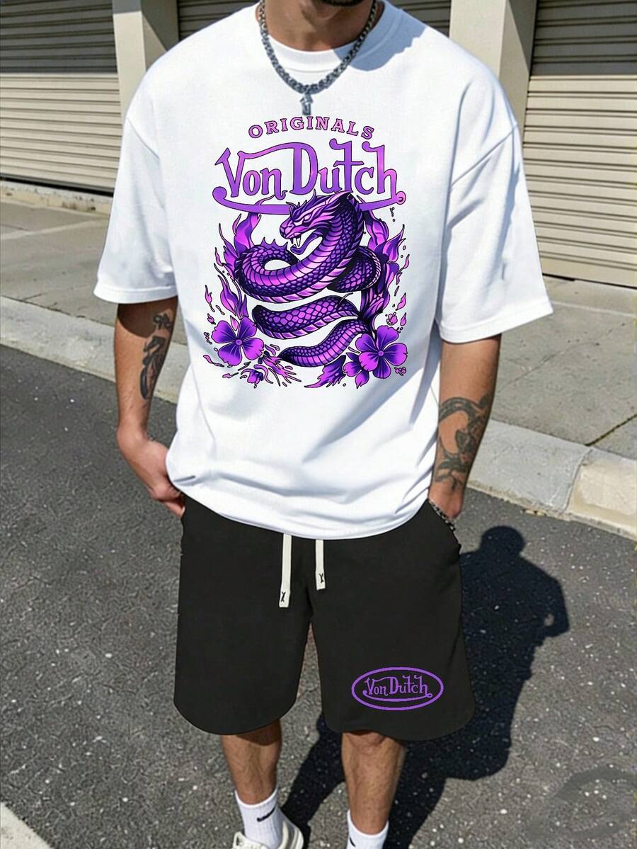 2pcs Men Creative Short Sleeve Print T-Shirt & Shorts Set Purple Dragon And Floral Design With Vons Dutch Text Casual Wear Soft Fabric Breathable Print T-Shirt & Shorts Set - Trắng và đen - Xem 1