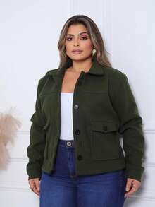 Women's Casual Jacket, Wool-Type Fabric, Pockets, Buttons On The Front, Suitable For Everyday Cold Weather. - 軍綠色 - 查看 1