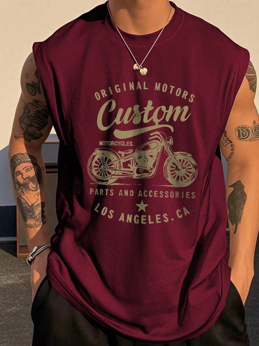 Rompi Pria Ukuran Besar Motif Motor Vintage Musim Panas, Gaya Retro Amerika Jalanan Los Angeles, Pakaian Musim Panas, Cocok untuk Pemakaian Sehari-hari - Burgundy - View 1