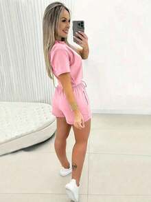 Conjunto de 2 piezas de camiseta de manga corta y pantalones cortos de unicolor casual para mujer - Rosa - Ver 2