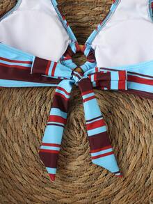Two Pieces Blue And Red Horizontal Striped Halter-Neck Bikini Set, An Elegant And Casual Swimsuit Set For Summer Beach Vacation Parties - Multicolor - View 5