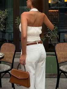 Marisole 女士新款褶皱露背无袖高领背心，修身优雅休闲街头 Y2K 复古派对假日商务外出上衣，春夏款 - 杏色 - 查看 5