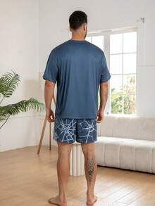 Plus Size Men's Casual Sleepwear Set, Round Neck Short Sleeve Top And Shorts, Lightweight And Comfortable Summer Loungewear - Multicolor - View 7