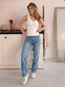 Spring/Summer New Casual Versatile Basic Sleeveless Deep V-Neck Button Ribbed Knit Tank Top, White, Suitable For Western, Boho, Beach, Wedding Guest, Easter, Rave Party, Music Festival, Graduation Ceremony And Other Occasions - White - View 2