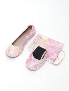 女士轻盈芭蕾平底鞋，如赤足般舒适，粉色蕾丝婚鞋/芭蕾舞鞋，柔软百搭，可折叠套穿，室内舞蹈/家居拖鞋 - 玫紅色 - 查看 3