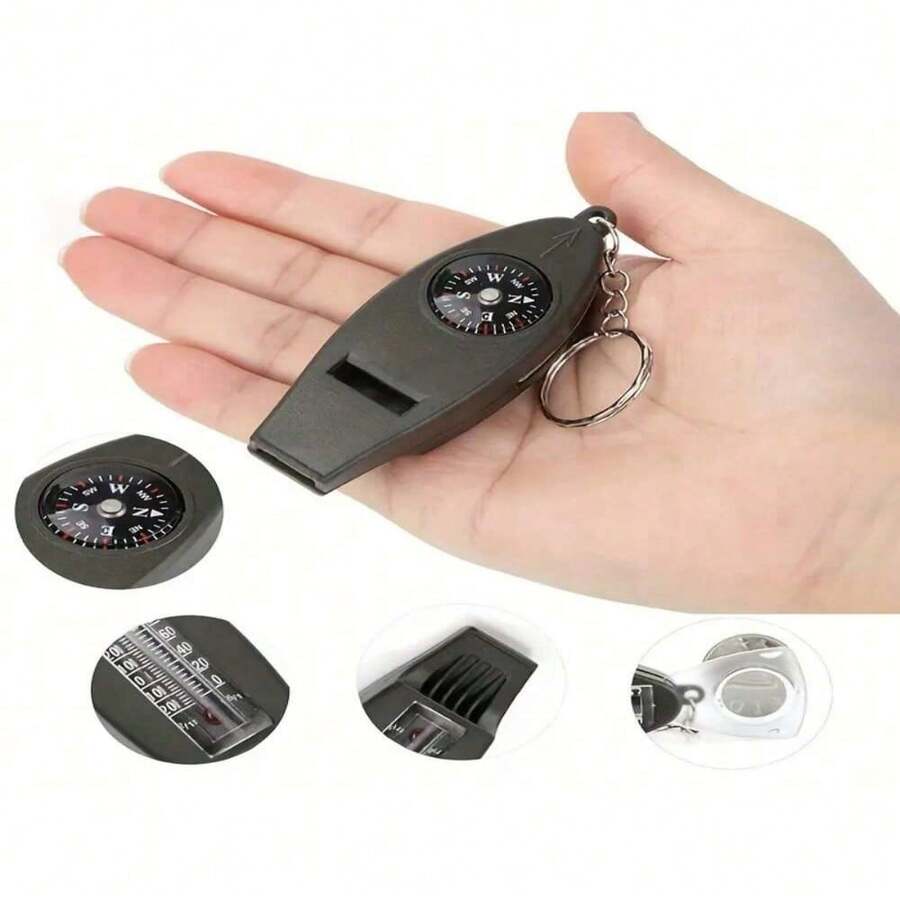 1pc 4-In-1 Multifunctional Survival Whistle With Compass, Thermometer, Magnifier, Whistle, Compact Portable Outdoor Tool For Camping, Hiking, Climbing, Fishing, Can Be Used As Keychain - Multicolor - View 1