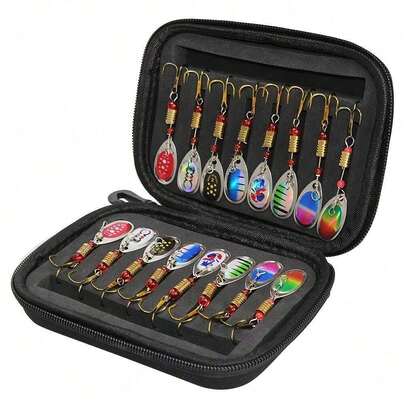 16pcs Metal Rotating Fishing Lure Set, Includes Various Sizes & Colors, Comes With Fishing Accessories & Storage Bag, Suitable For Bass, Sturgeon, Trout Fishing, Suitable For Casting & Fly Fishing