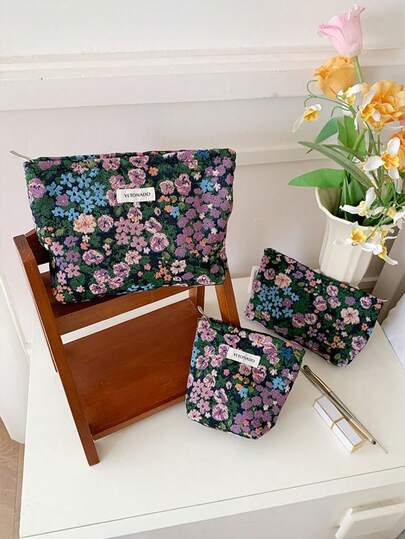 1 PC/Set Purple Green Floral Jacquard Embroidery Women Girl Makeup Pouch Make Up Bag Portable Large Capacity Cosmetic Bag With Zipper,For Travel And Vacation Essentials,For Sanitary Napkins,Keys,Hair Accessories,Charger,Lipsticks,Cosmetics,Perfume,Makeup Brush Holder Organizer Storage Bag,For Skin Care And Beauty Products,For Women,Students,School Girls,For Birthday Gifts,Friends Gift,Holiday Gift