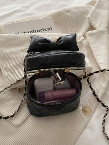 New Bowknot Embroidered Diamond-Pattern Boxy Chain Shoulder Crossbody Small Square Girl's Bag With Lipstick Texture - Black - View 10