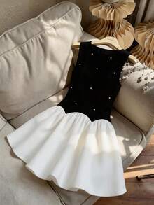 Elegant Solid Color Pearl Decor Handmade Beaded Floral Skirt, Suitable For Party, Vacation, Formal Evening Events - Black - View 2