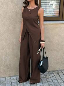 PoPoHouse 女士优雅两件套无袖纽扣背心上衣和宽松阔腿裤夏季休闲办公商务通勤度假外出服装棕色套装 - 棕色 - 查看 10