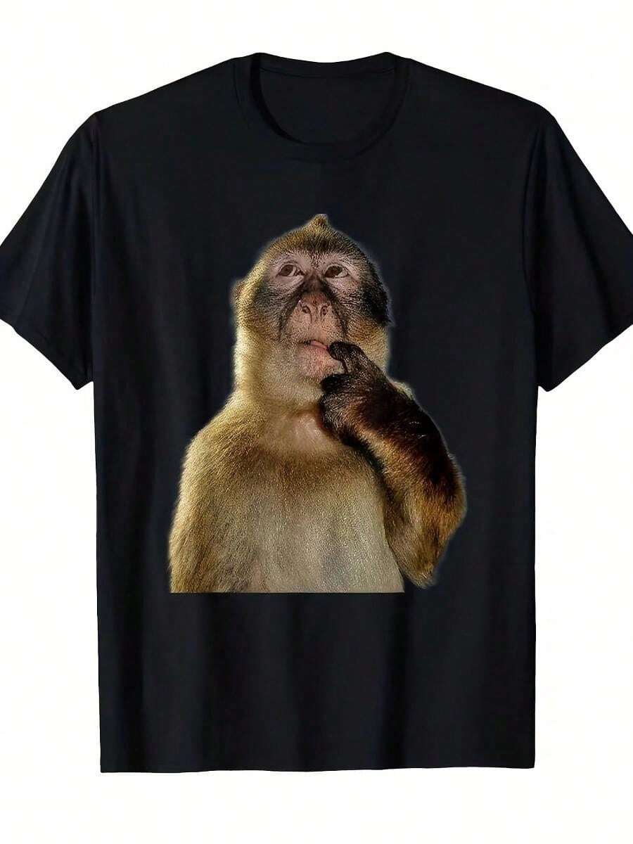 Funny Monkey Meme T-Shirt - Featuring The Classic Thinking Monkey And Thumbs-Up Donkey Designs - Casual Top For Meme Enthusiasts - Xám - Xem 1