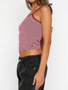Vaiaye Women'sLingerie Style Top And Spring/Summer Striped Print Round Neck Fitted Casual Vacation Camisole, Suitable Beach Vacation & Everyday Casual Wear - 白色和紅色條紋 - 查看 7