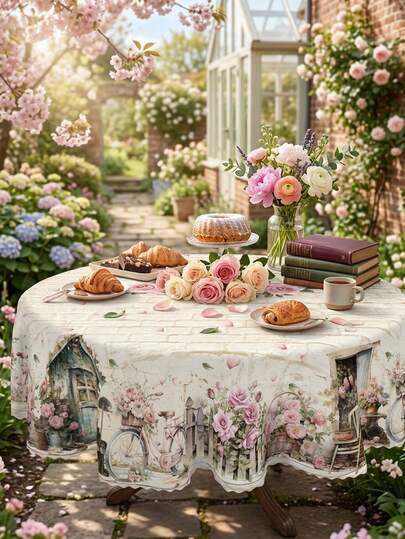 1pc-Vintage Country Floral Tablecloth With Retro Bicycle & Flower Basket Design - Waterproof, Wrinkle-Proof & Scratch-Resistant Polyester Cover For Farmhouse & Fall Decor, Perfect For Indoor/Outdoor Parties & Home