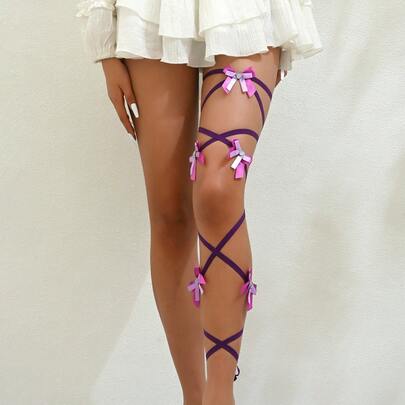 1pc European And American New Sexy Leg Garter, Sweet & Spicy Purple Bow Harajuku Style Elastic Criss-Cross Leg Strap Lingerie Accessory, Suitable For Halloween, Christmas, Valentine's Day, Dates, Parties And Other Occasions