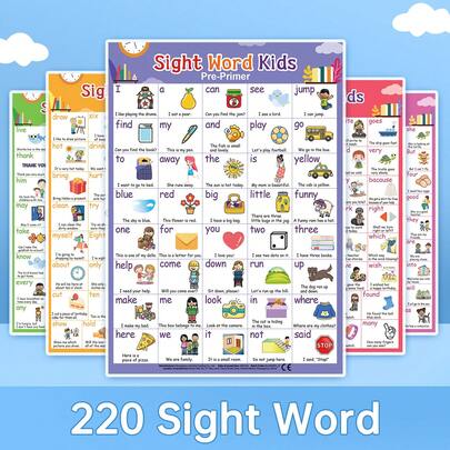 Lachilly 220 Sight Words Posters For Kids, Pre-Primer To Primer Educational English Learning Charts, Preschool Kindergarten Homeschool Vocabulary Wall Posters, Colorful Illustrated Sight Word Cards Alternative For Early Reading Development