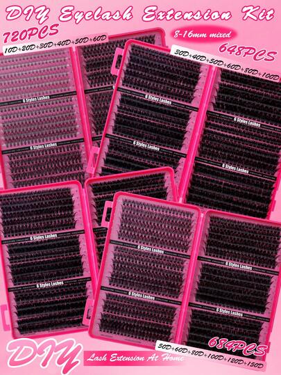 720/684/648-Piece Cluster False Eyelashes, Thick And Curled Eyelash Extension Kit, 10D-150D D-Curl, 8-16mm Mixed Length, DIY Eyelash Extension Kit, Fluffy And Soft Single Eyelashes, Create A Full And Natural Y2K Butterfly Makeup Look, Easy DIY Long-Lasting Eyelash Glue, DIY Eyelash Tweezers, Eyelashes, False Eyelashes