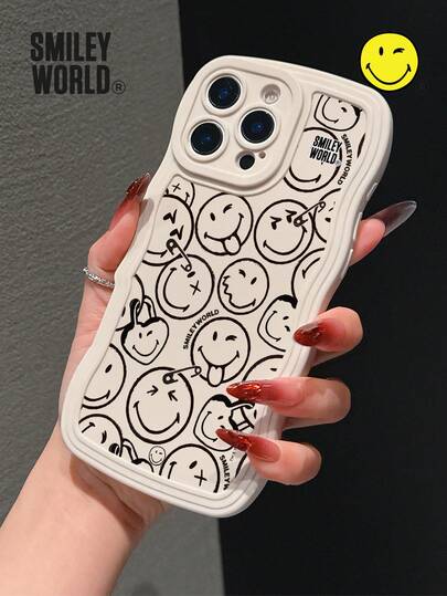 Smiley World SmileyWorld® | 1 件装防震全包覆 TPU 材质波浪纹手机壳，黑色线条笑脸拼接图案，UV 印刷，兼容苹果 11/12/13/14/15/16/17 Pro Max 系列，适合作为节日礼物、通勤和日常防摔保护，极具吸引力