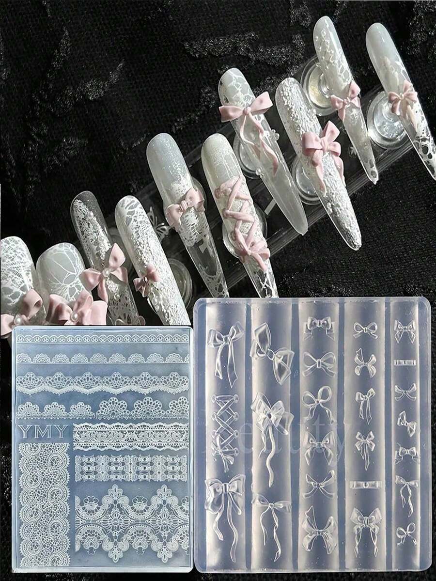 3D树脂硅胶模具，高透明蕾丝硅胶模具 - 欧式蕾丝设计，美甲装饰及可穿戴美甲模具工具，树脂液体模具，卡通领结美甲雕刻荷叶边翅膀模具，美甲师必备