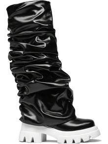 Women's Platform Round Toe Mid Calf Boots With Chunky Heel - Black - View 10