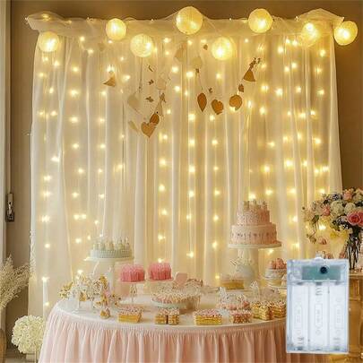 1 Pack LED Classic Style Fairy Window Curtain Lights, Battery Powered, Multiple Lighting Modes, LED Light Source, Suitable For Wedding, Party, Bedroom, Indoor, Wall, Christmas, Halloween, Mother's Day, Thanksgiving Decoration - Warm White/Multi-Color/White/Pink