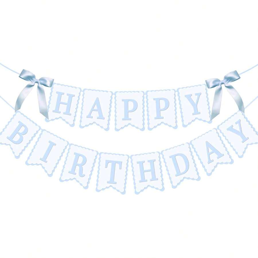 1組淺藍色生日快樂橫幅附緞帶-白色與藍色生日三角旗橫幅,適合男孩與男性,優雅波浪邊生日派對裝飾,王子主題生日派對用品 - 藍白 - 查看 1