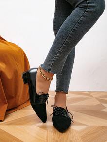 Women's Flat Thick Heel High Heel Pointed Toe Retro Style Lace-Up Loafers, Campus Brogues, Slip-On Loafers, Women's Small Leather Shoes, Mid-Heel Mary Janes, Black Shoes, British Style Thick Heel Shoes - Black - View 3