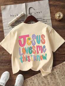 少女休闲趣味印花圆领短袖T恤，夏季上衣 - 杏色 - 查看 5