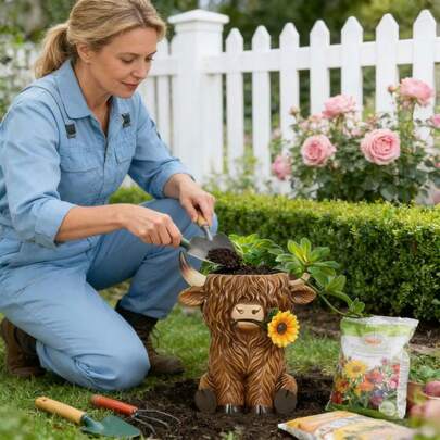 1件树脂“迷人高地牛花盆 - 奇趣花园装饰，送给植物爱好者的独特礼物”。造型奇特的高地牛多肉植物花盆，饰以向日葵色调 - 室内外花园装饰