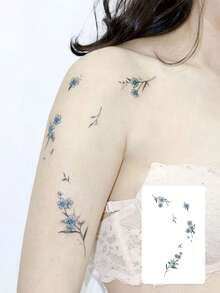 1pc Minimalist Forget-Me-Not Flower Shoulder/Arm Temporary Tattoo Sticker, Herbal Washable Temporary Tattoo Sticker, Suitable For People, Lasts 3-5 Days - Black - View 1