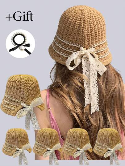 1pc Women's Crochet Bow Ribbon Fisherman Hat With Pearl Hair Tie - Foldable Synthetic Straw Hat Suitable For Outdoor Beach Travel Hiking, Commuting And Casual Outings, Elegant Beach Travel Vacation Sun Hat