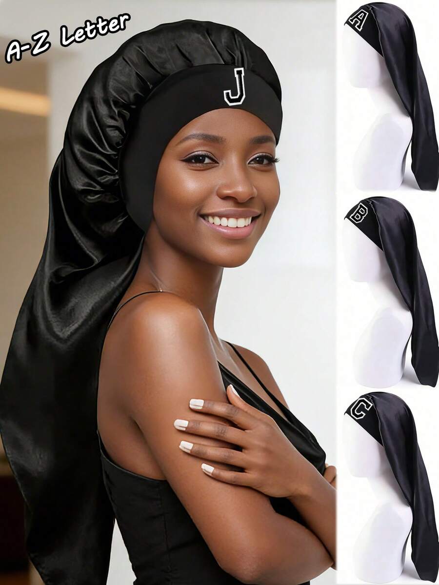 1pc Women's Black Satin Customized Letter Hair Care Cap, Elegant Design For Hair Protection, Dust-Proof, Soft & Comfortable For Daily Home, Sleep, Holidays, Valentine's Day - Black - View 1
