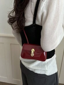 Women's Mini Shiny PU Crossbody Bag, Retro Curved Flap Design, Metal Lock Closure, Adjustable Strap, Fashionable For Daily And Party Wear - Burgundy - View 3