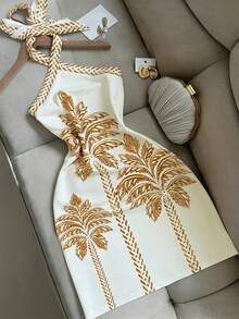 Đầm ngắn gợi cảm in hình cây cọ nhiệt đới, thắt dây chéo phía trước, thích hợp cho kỳ nghỉ hè 2026 trên bãi biển. - trắng - Xem 3