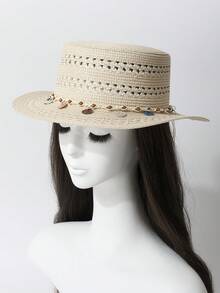 1pc Women's Handwoven Straw Hat, French Style Round Crown Flat Brim Cap, Round Top Bucket Hat, Summer Face-Slimming Sun Hat For Beach Vacation, Photo Shooting And Outdoor Use - Straw Hat - View 1